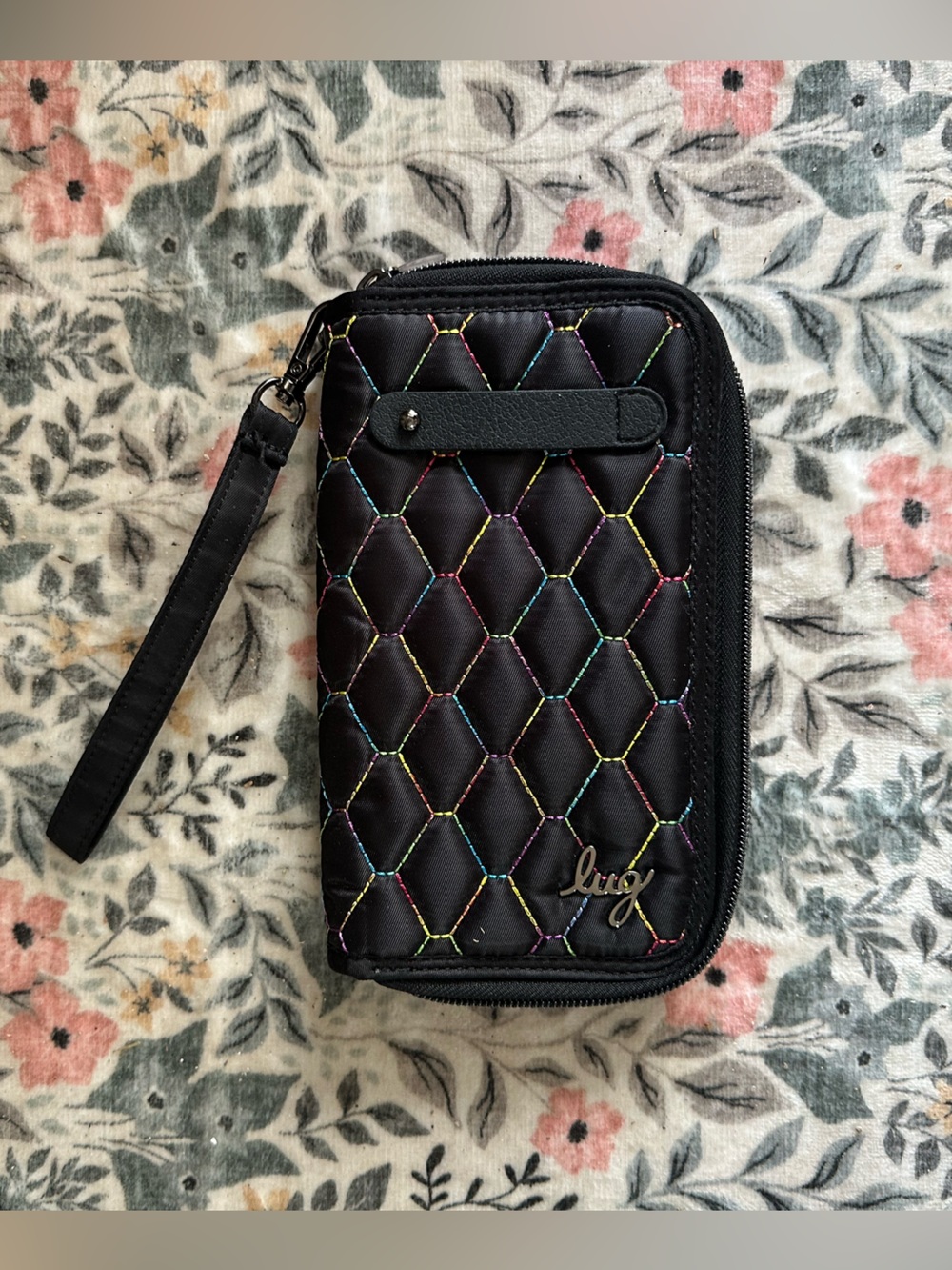 Lug Black Quilted Wristlet Wallet with Rainbow Stitching